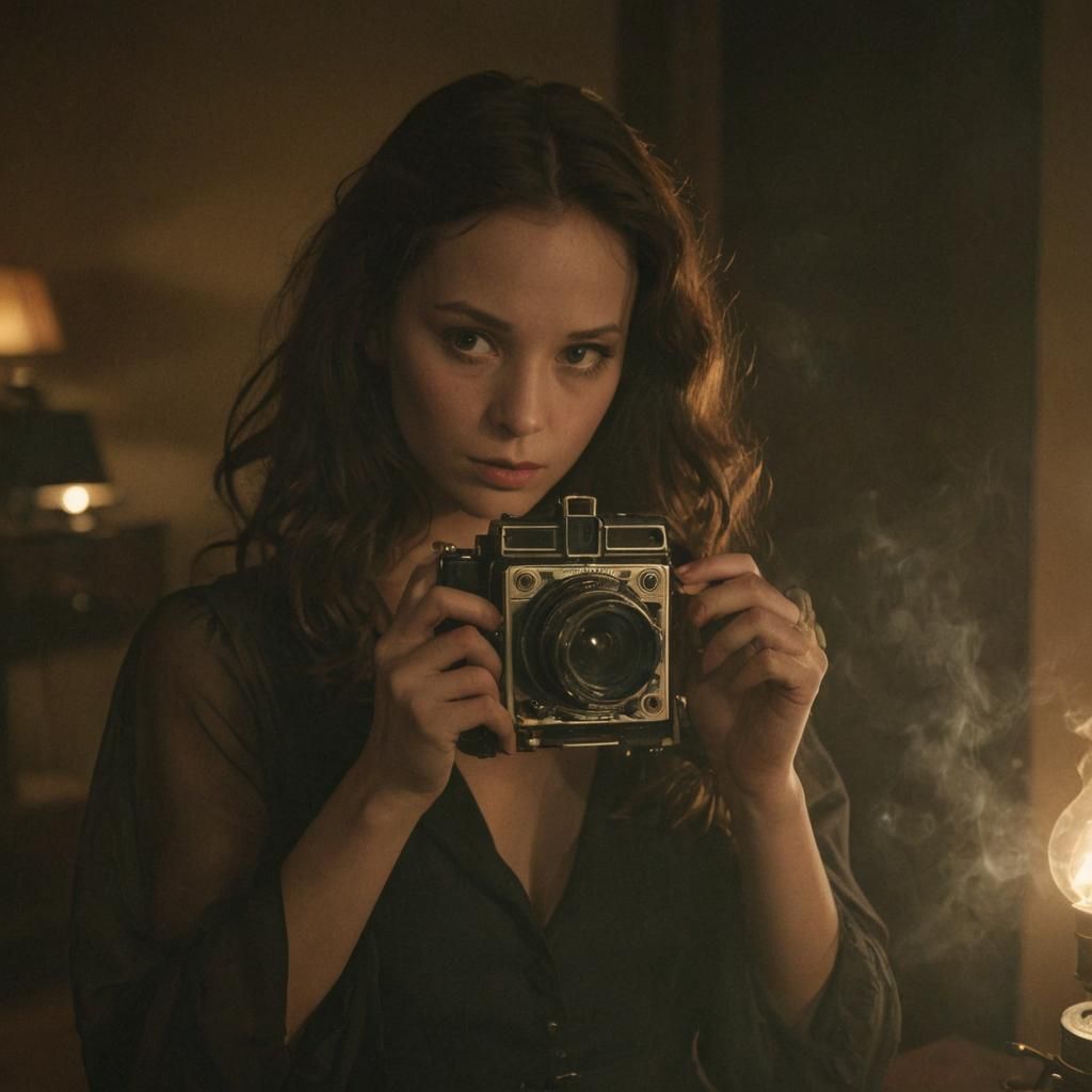 Venus Dumont Adjusting Camera Lens in Atmospheric Film Still