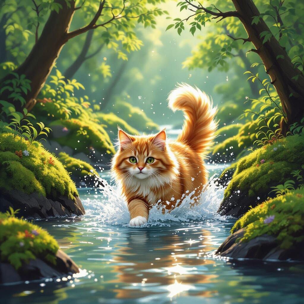 Fluffy Ginger Cat Splashing in Stream