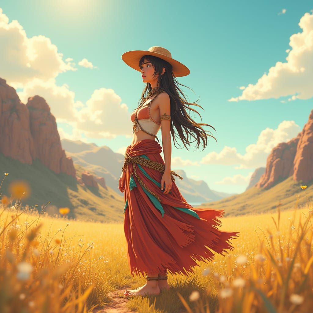 Nomadic Woman in Anime Style Landscape