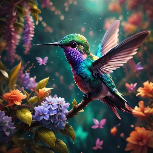 Hyperrealistic Hummingbird and Lilac Bush