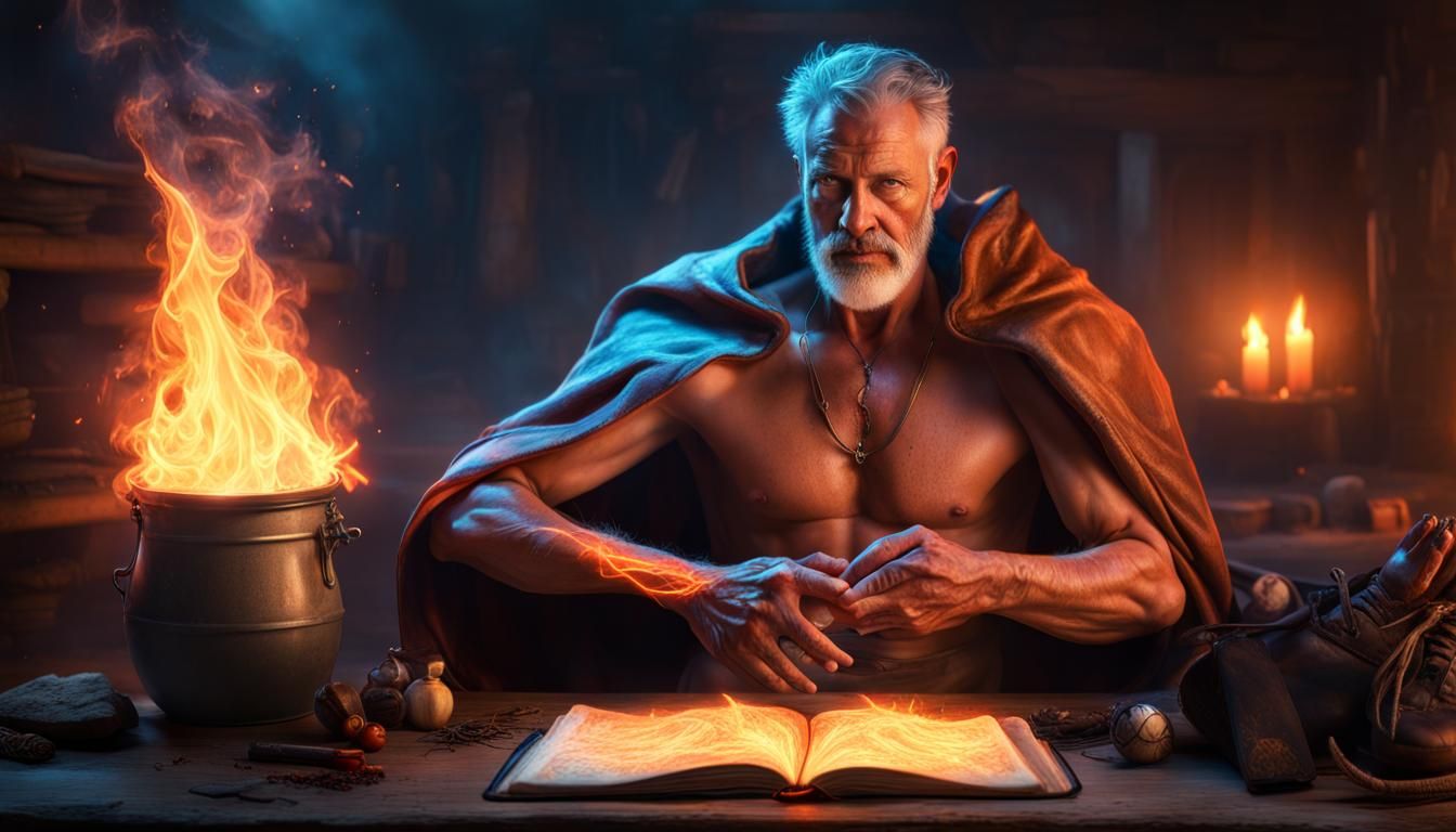 Muscular Sorcerer with Glowing Fire in a Neon Landscape