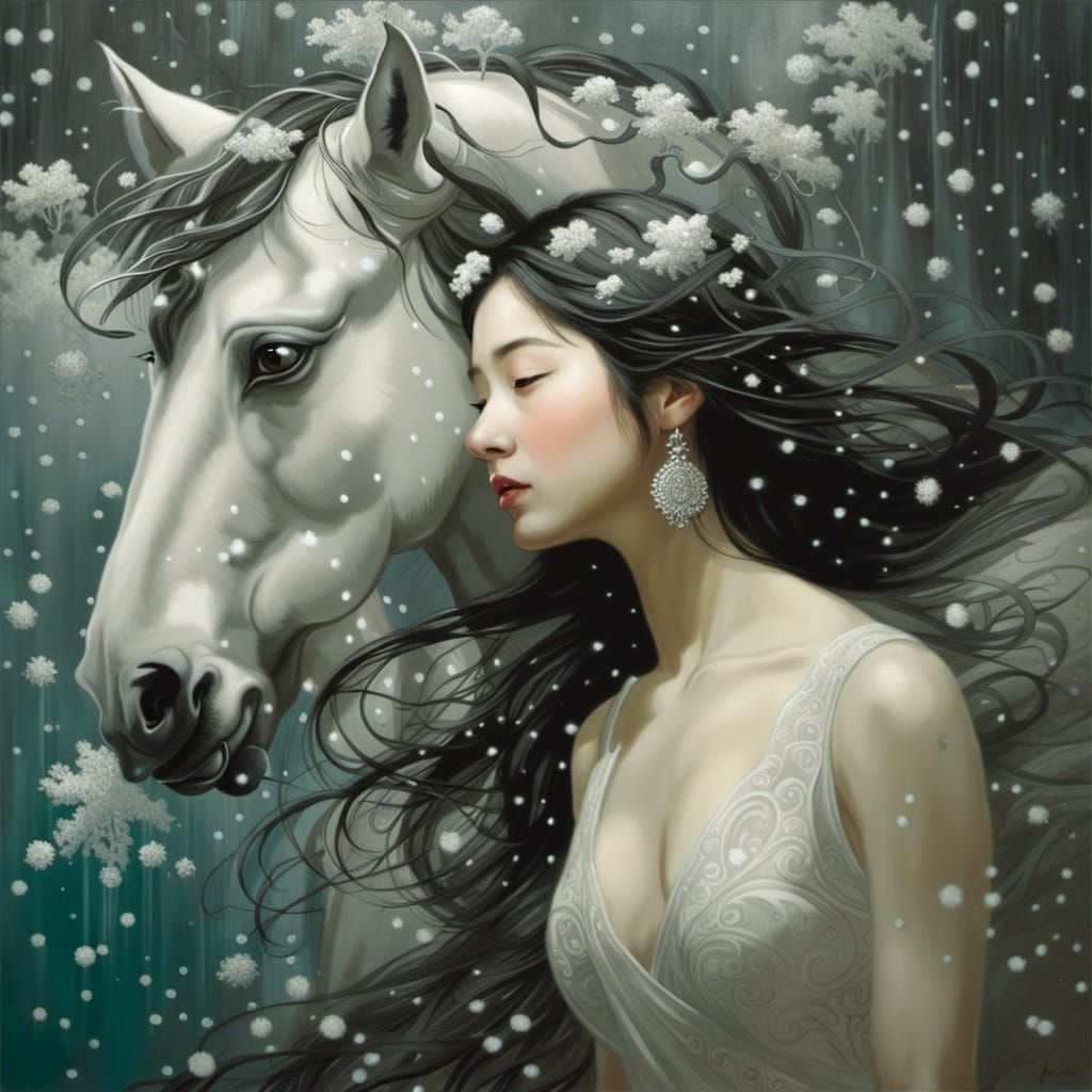 Lady & Horse love in snow scene