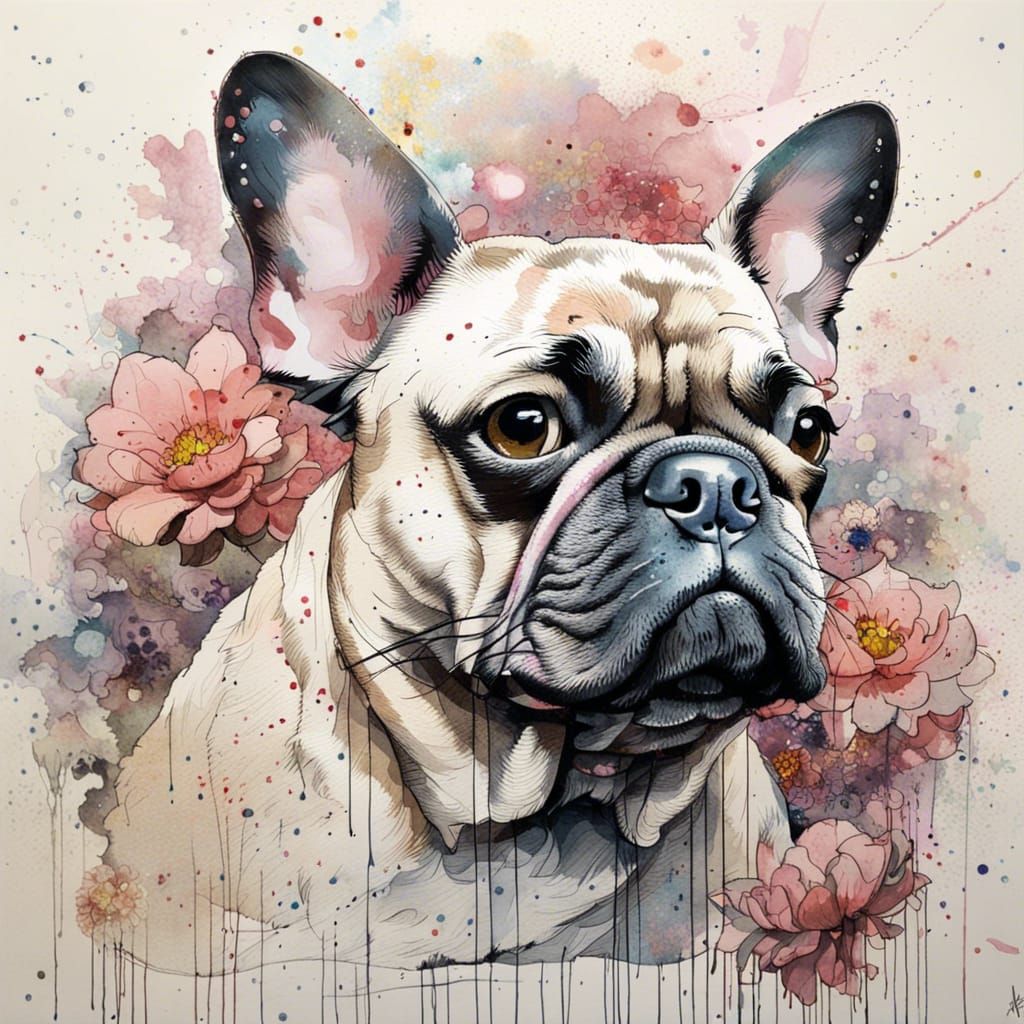 French Bulldog Manhwa Portrait in Watercolor Style