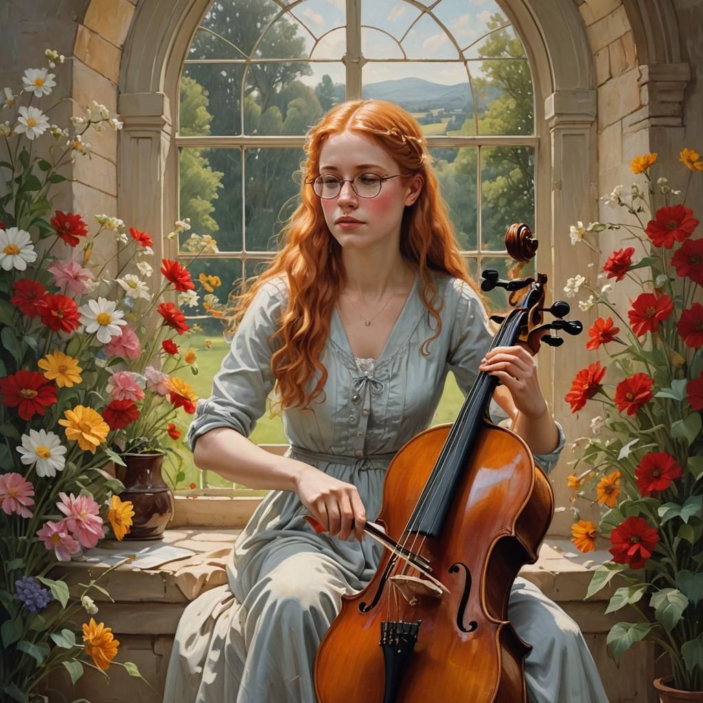 Girl Playing Cello in Flower Field, Oil Painting