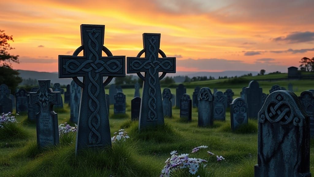 Celtic Cross Graveyard at Dusk in Romantic Style