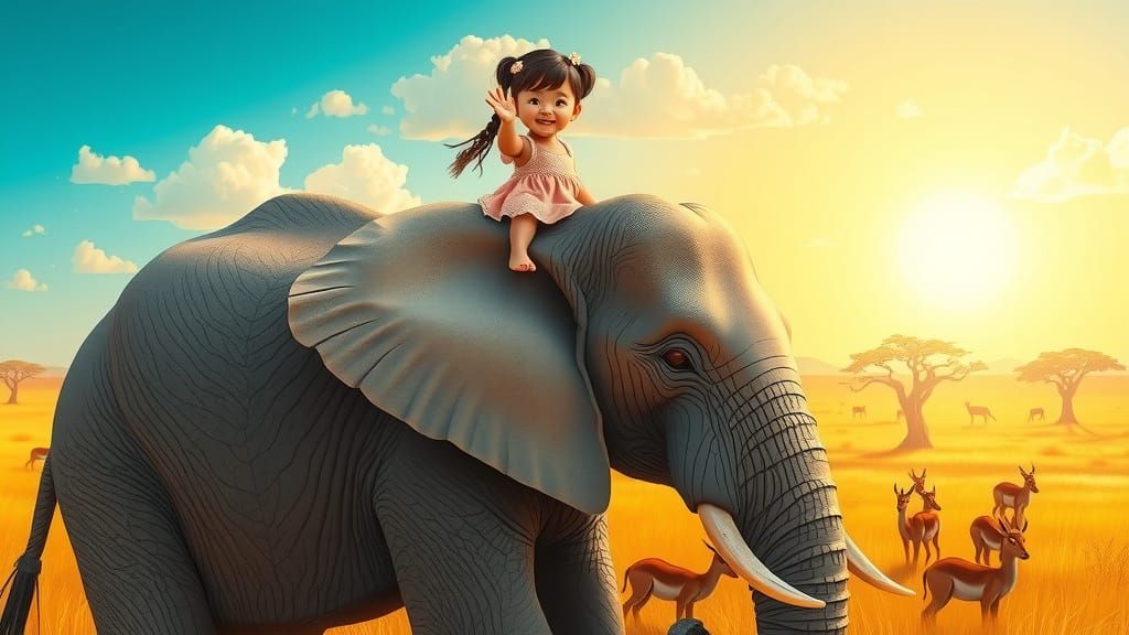 Asian Girl Sits Majestically on Grey Elephant in Sunlit Sava...