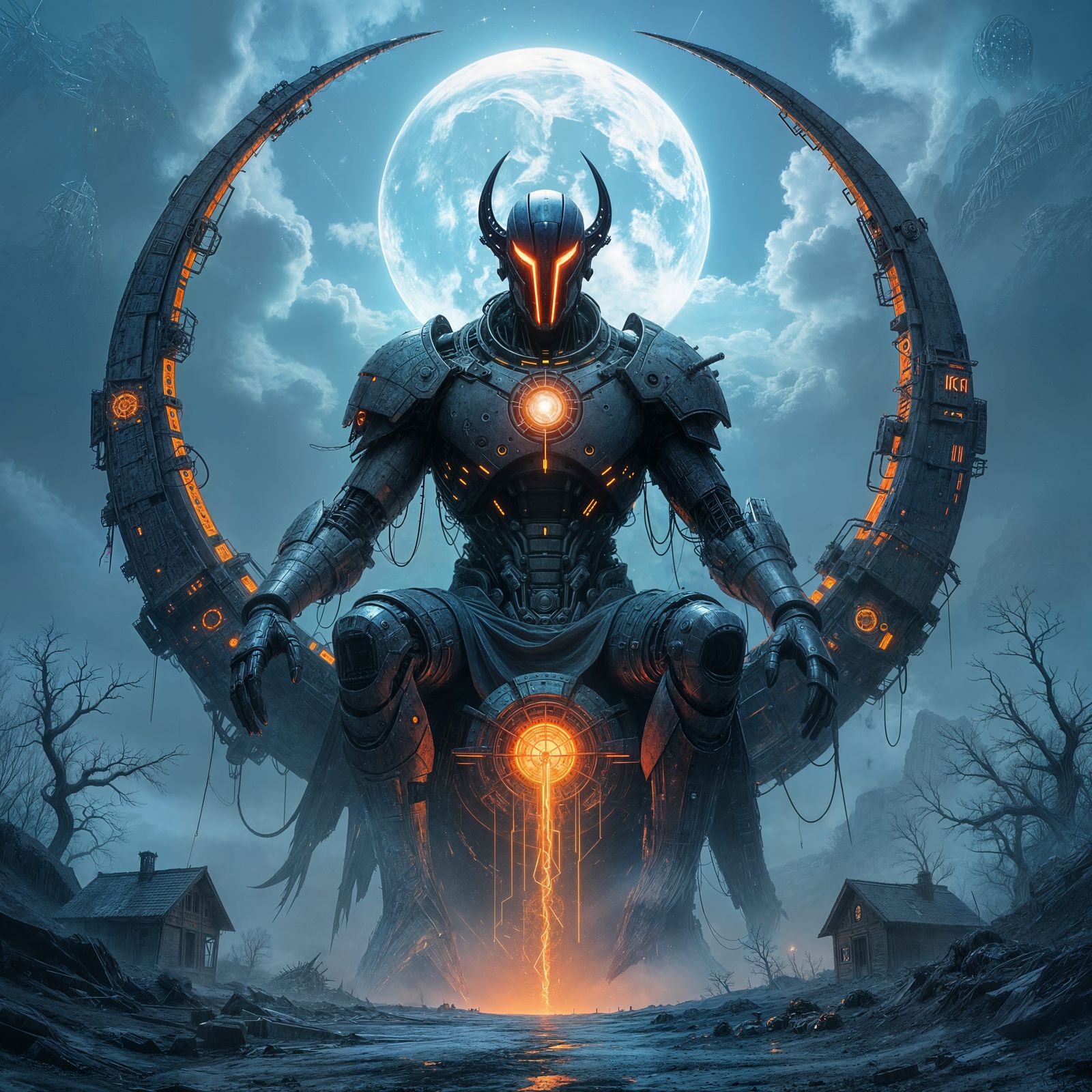 Cyber Deity in Shattered Sky, Mechanical Myth Surrealism