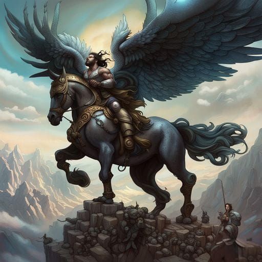 Hercules on Pegasus Over Mount Olympus in Dark Fantasy