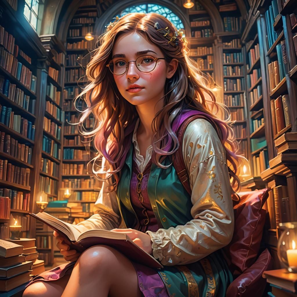 Girl Reading in Magical Library Nook