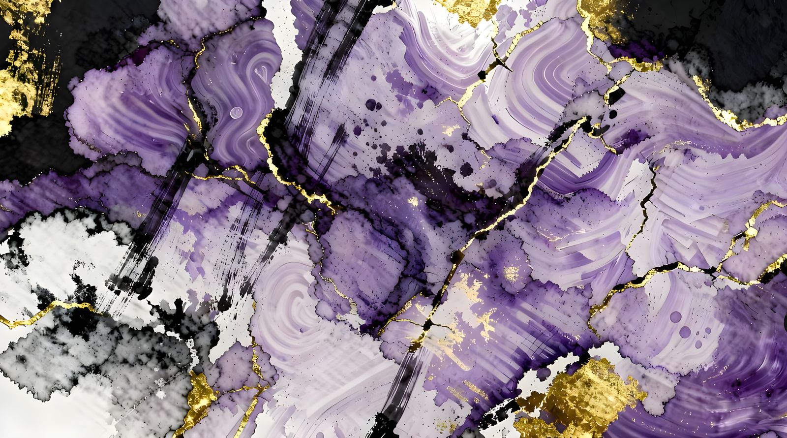 Alcohol Inks On Black Paper With Lavender And Gold Swirls