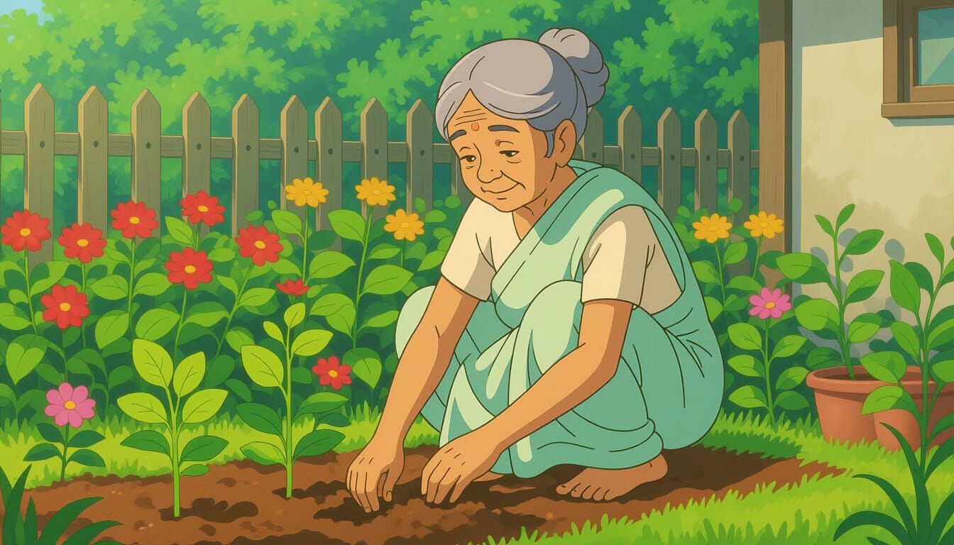 Elderly Indian Granny Tends Vibrant Garden in Anime Style
