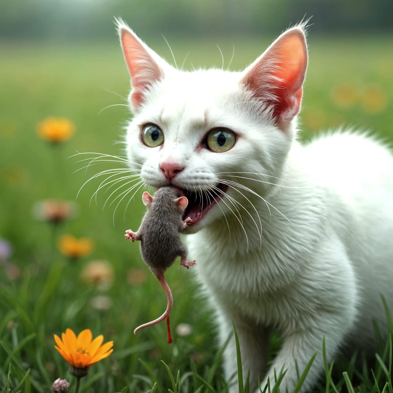 Feral White Cat Devours Mouse in Hyper-Realistic Landscape