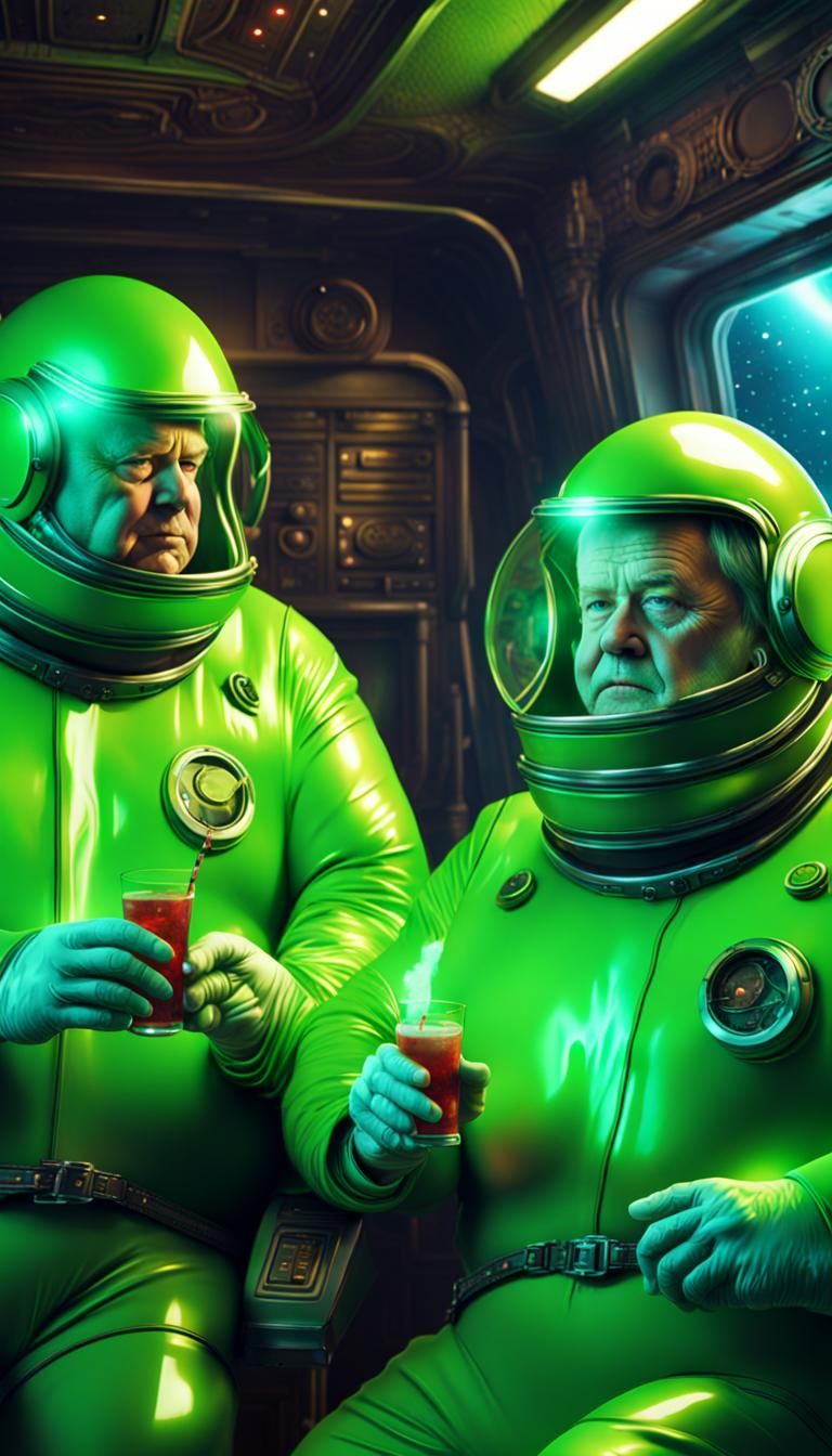 Overweight Men in Neon Suits on Spaceship