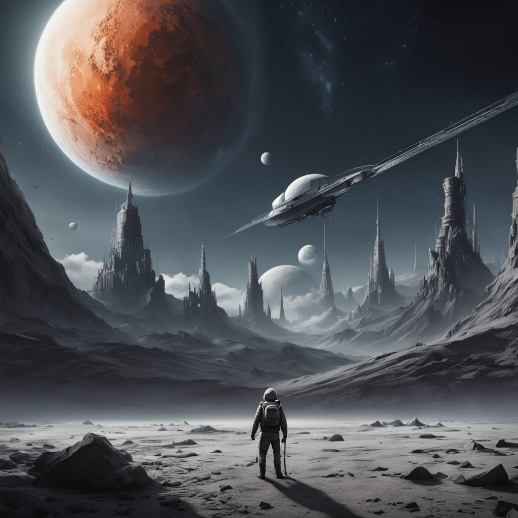 Giant Stickman Walks Moon Amidst Cosmic Wonders