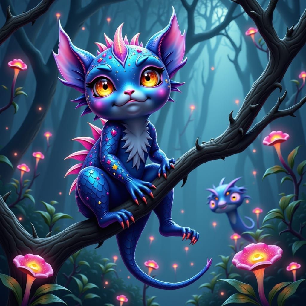 Bioluminescent Creature with Holographic Scales in Alien For...