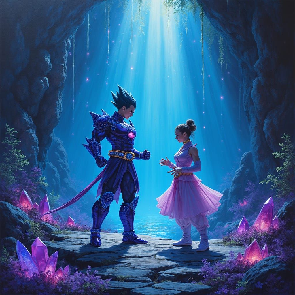 Elegant Warrior Princess in Vibrant Neon Hues