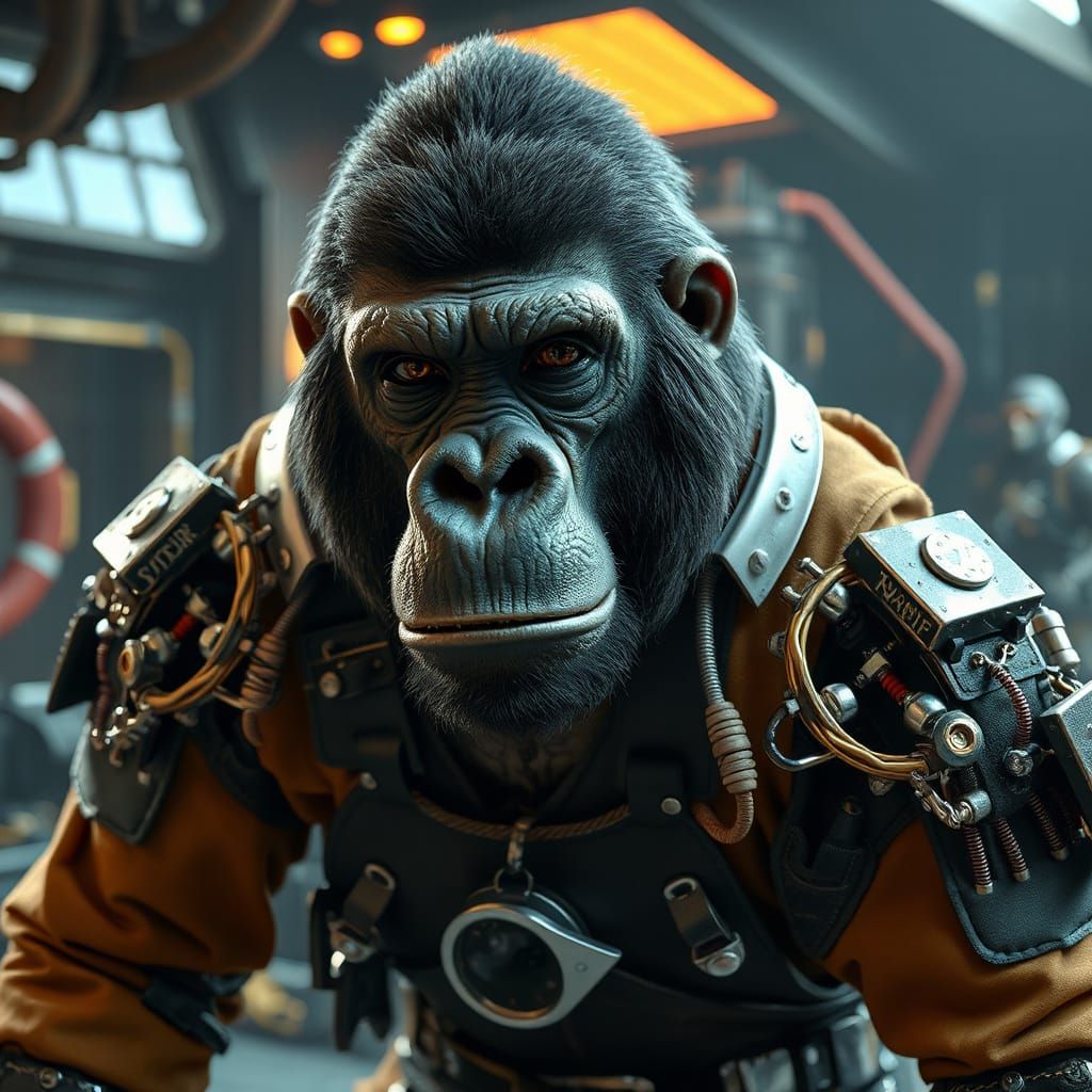 Gorilla Cyborg Conductor in Sci-Fi Pirate Spaceship