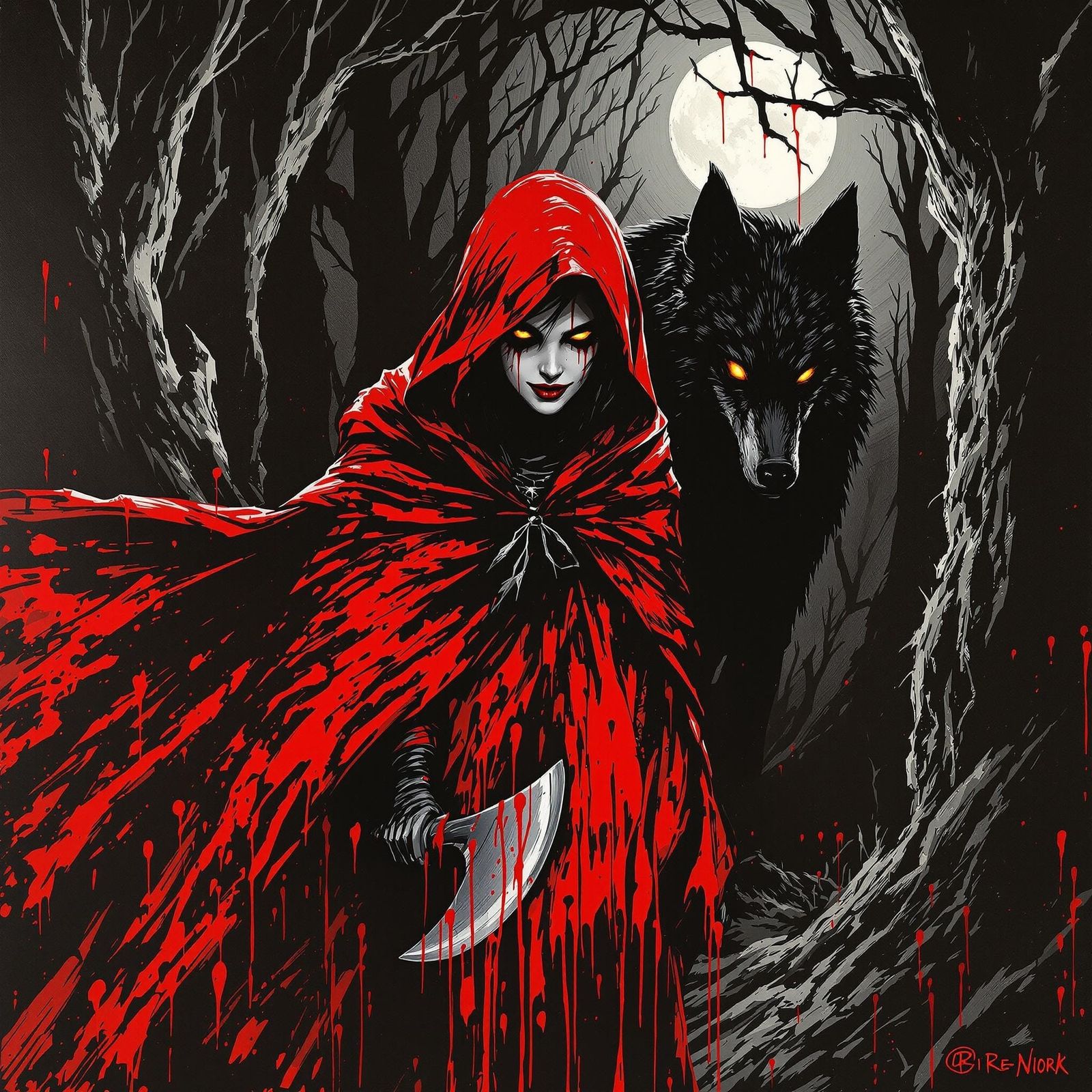 Dark Red Riding Hood Empowered in Moonlit Forest