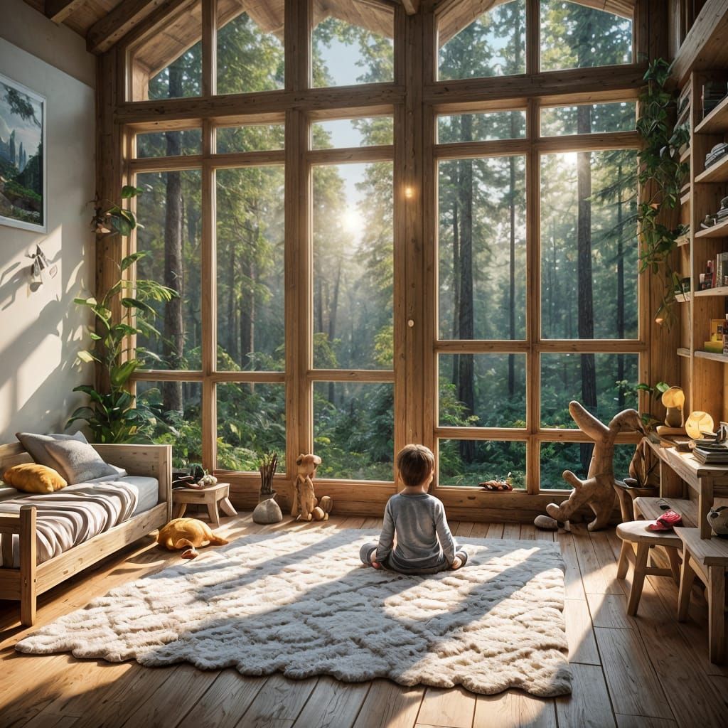 Minimalist Child's Room with Forest View