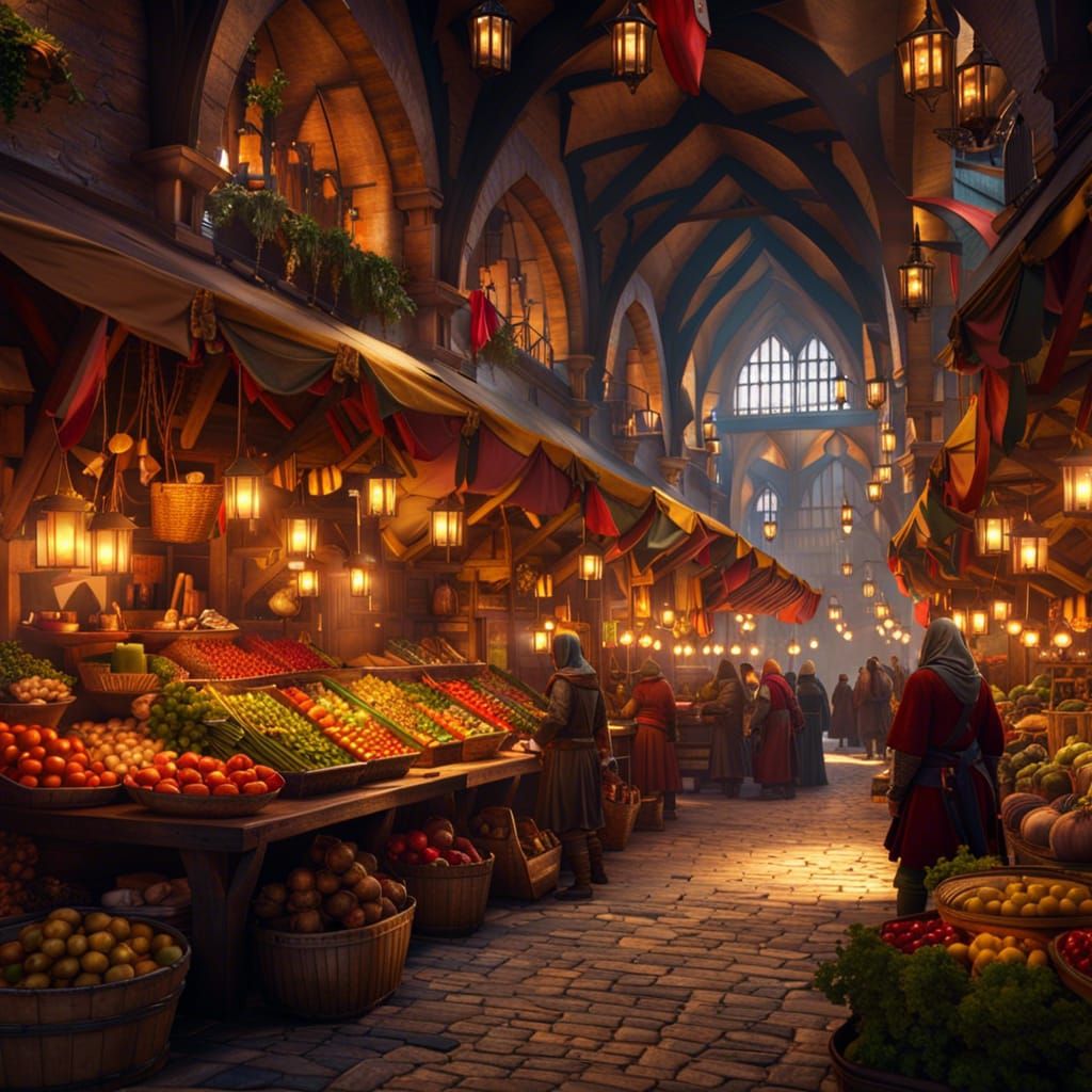 Vibrant Medieval Market with Dynamic Lighting
