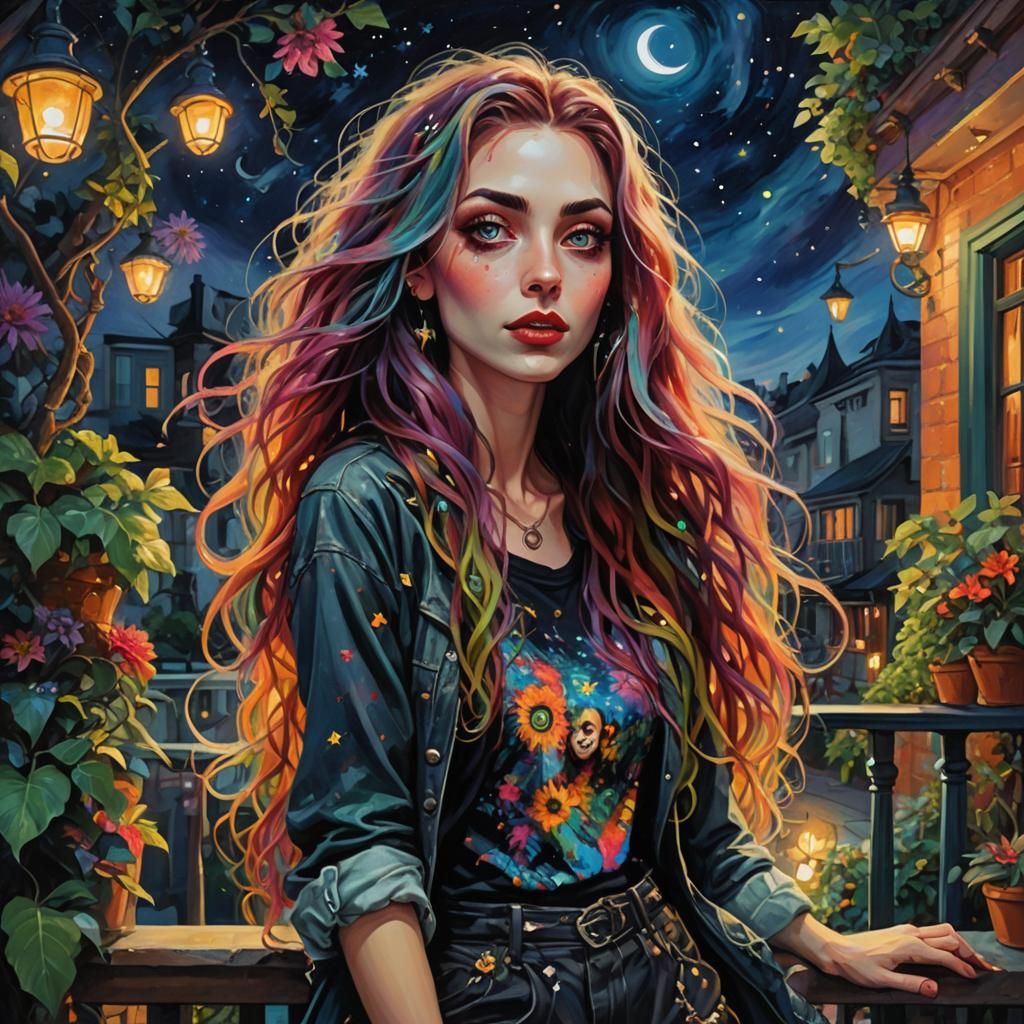 Vibrant Oil Painting: Mischievous Woman on Balcony