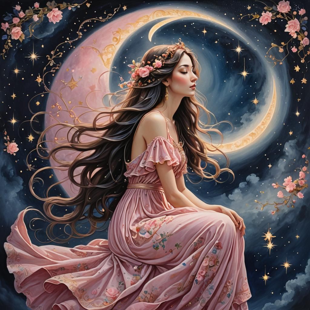 Enchanting Woman on Crescent Moon Painting