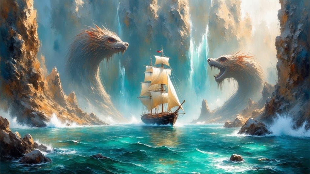 Sailing Ship Amidst Mythical Sea Monsters