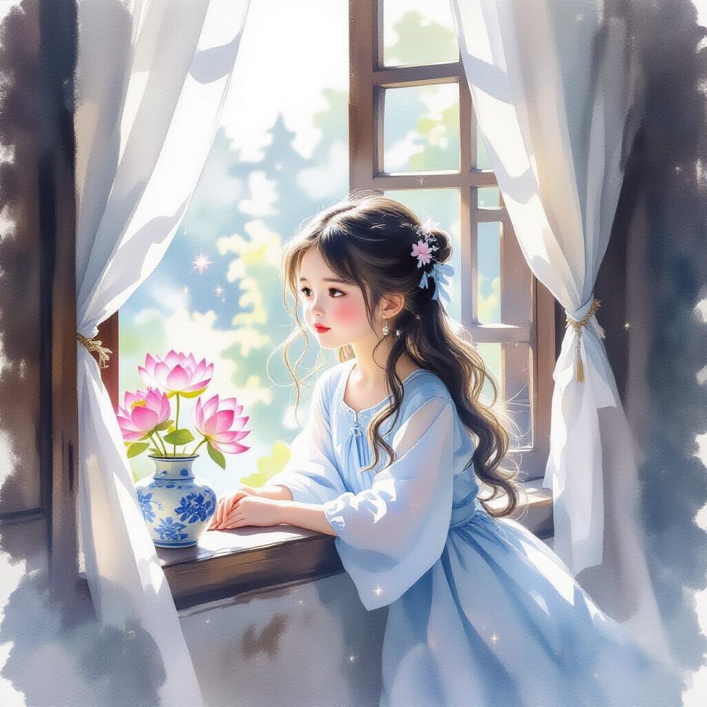 Dreamy Watercolor of Chinese Girl by Window
