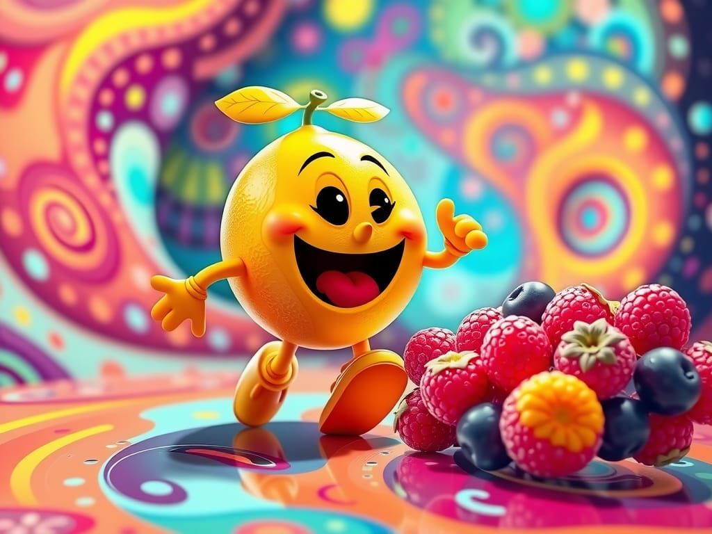 Whimsical Lemon Chases Berries in a Vibrant, Psychedelic Vor...