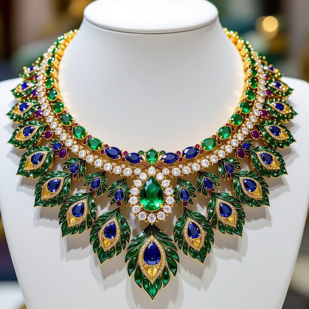 Opulent Peacock Feather Necklace with Gemstones