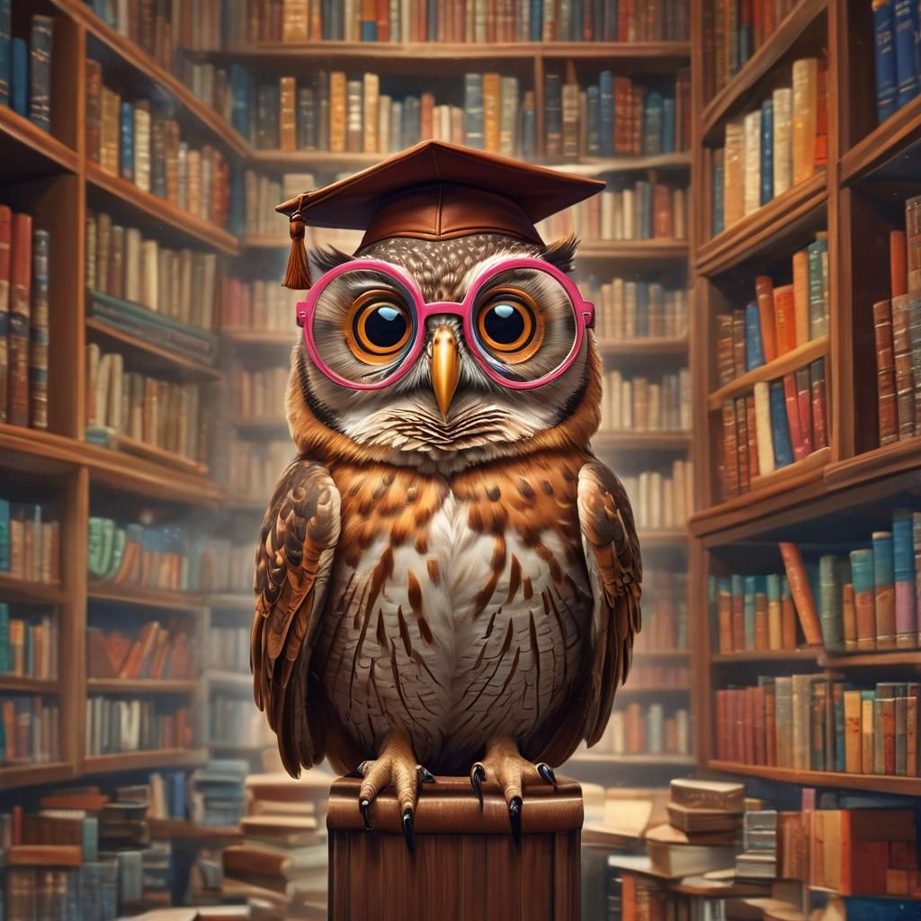 Whimsical Owl Professor Cartoon in Library