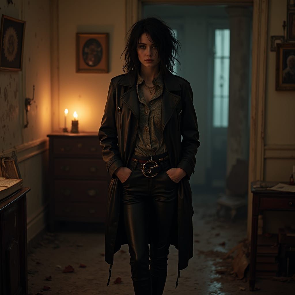 Punk Woman in Leather Amidst Ritualistic Symbols