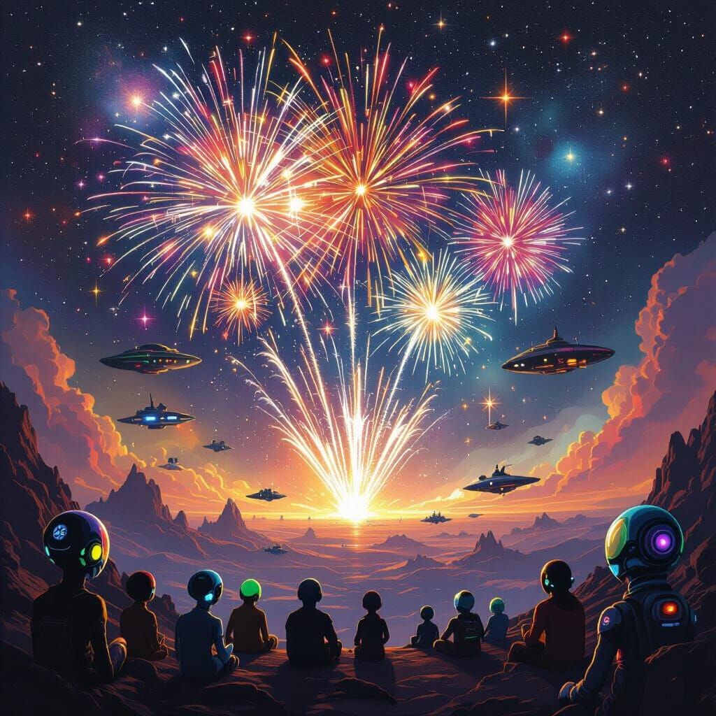 Cosmic Firework Spectacle with Alien Audience