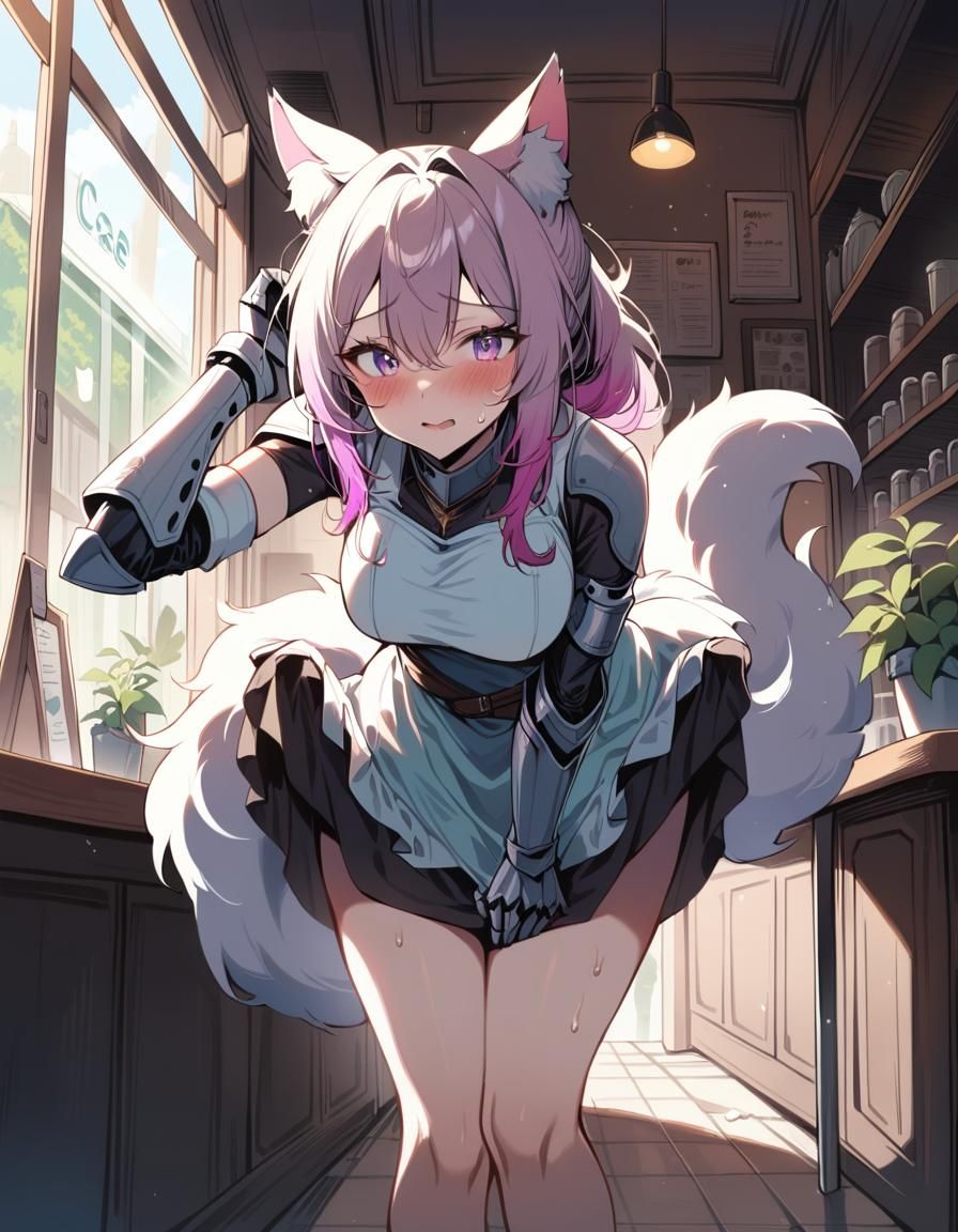 Catgirl with Prosthetic Arm in Cozy Cafe