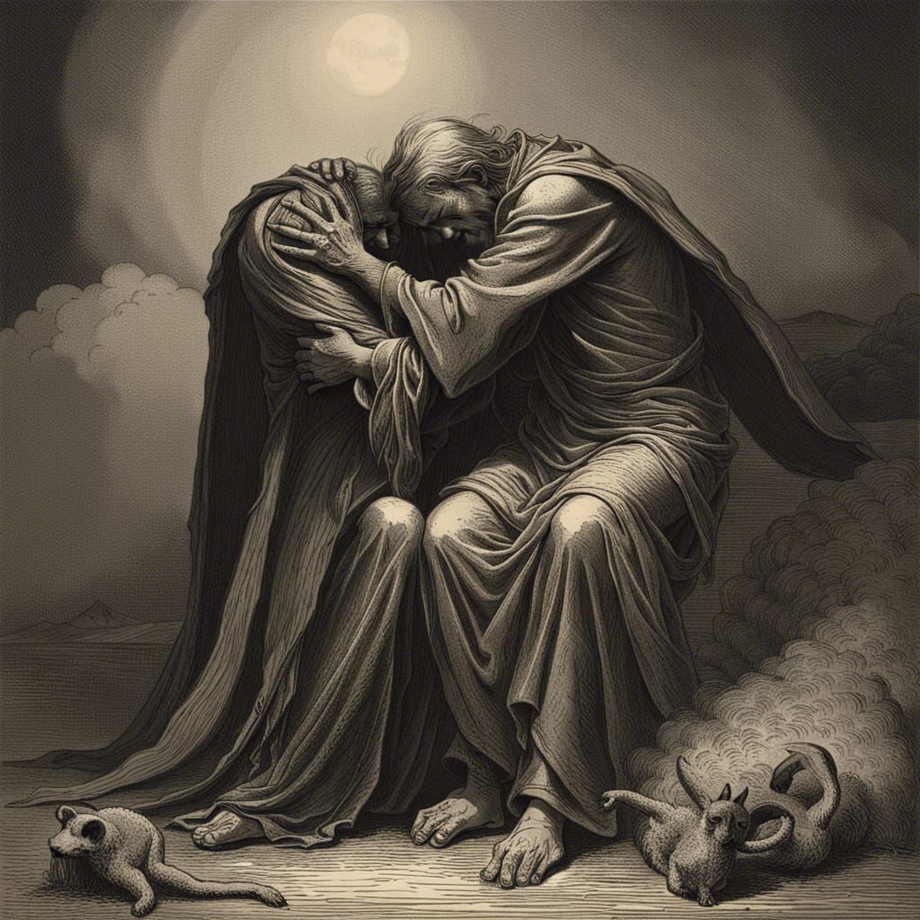 God and Devil Embrace in Dramatic Horror Art