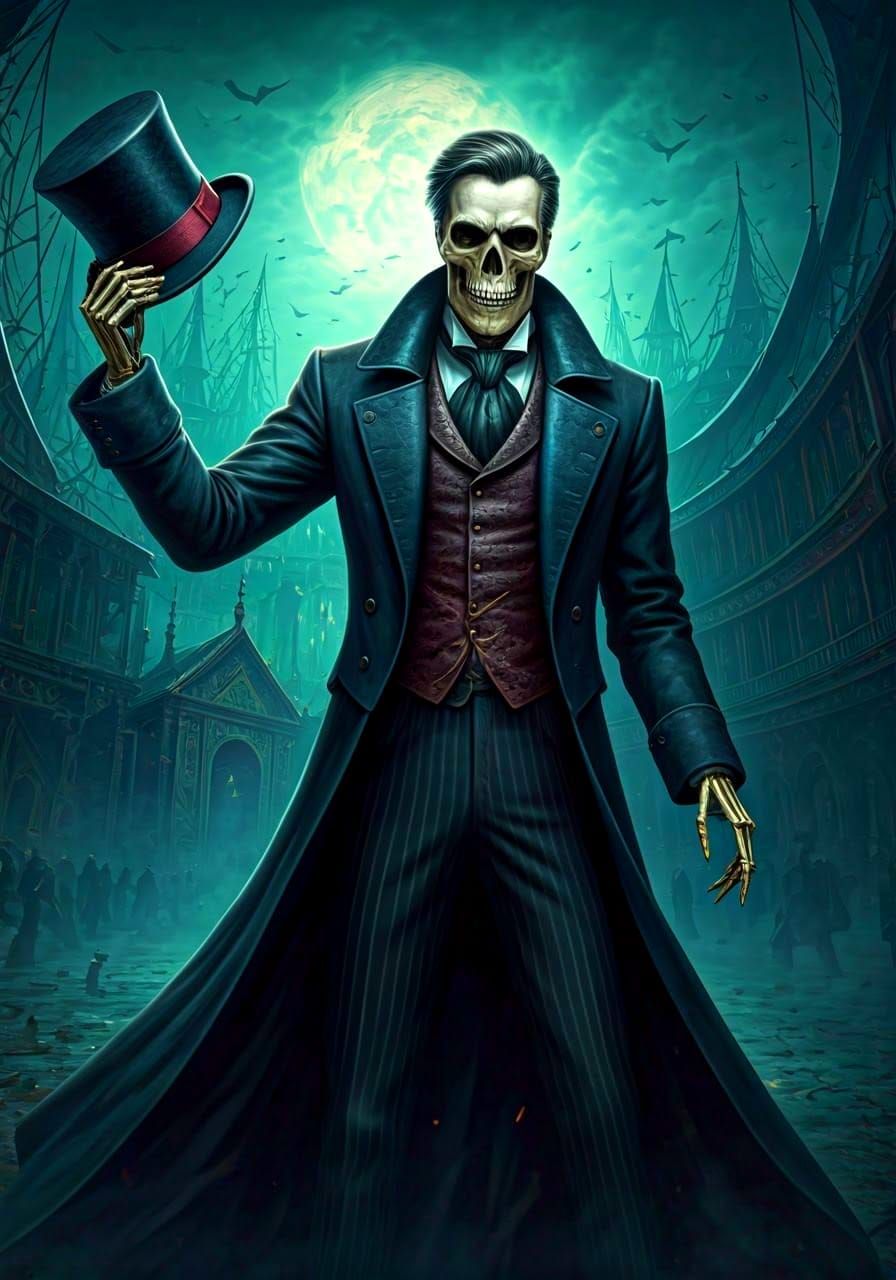 Victorian Skeleton Bowing in Haunted Circus