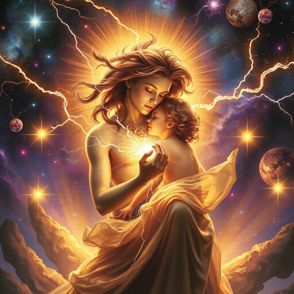 Divine Being and Child Figure in Cosmic Symphony