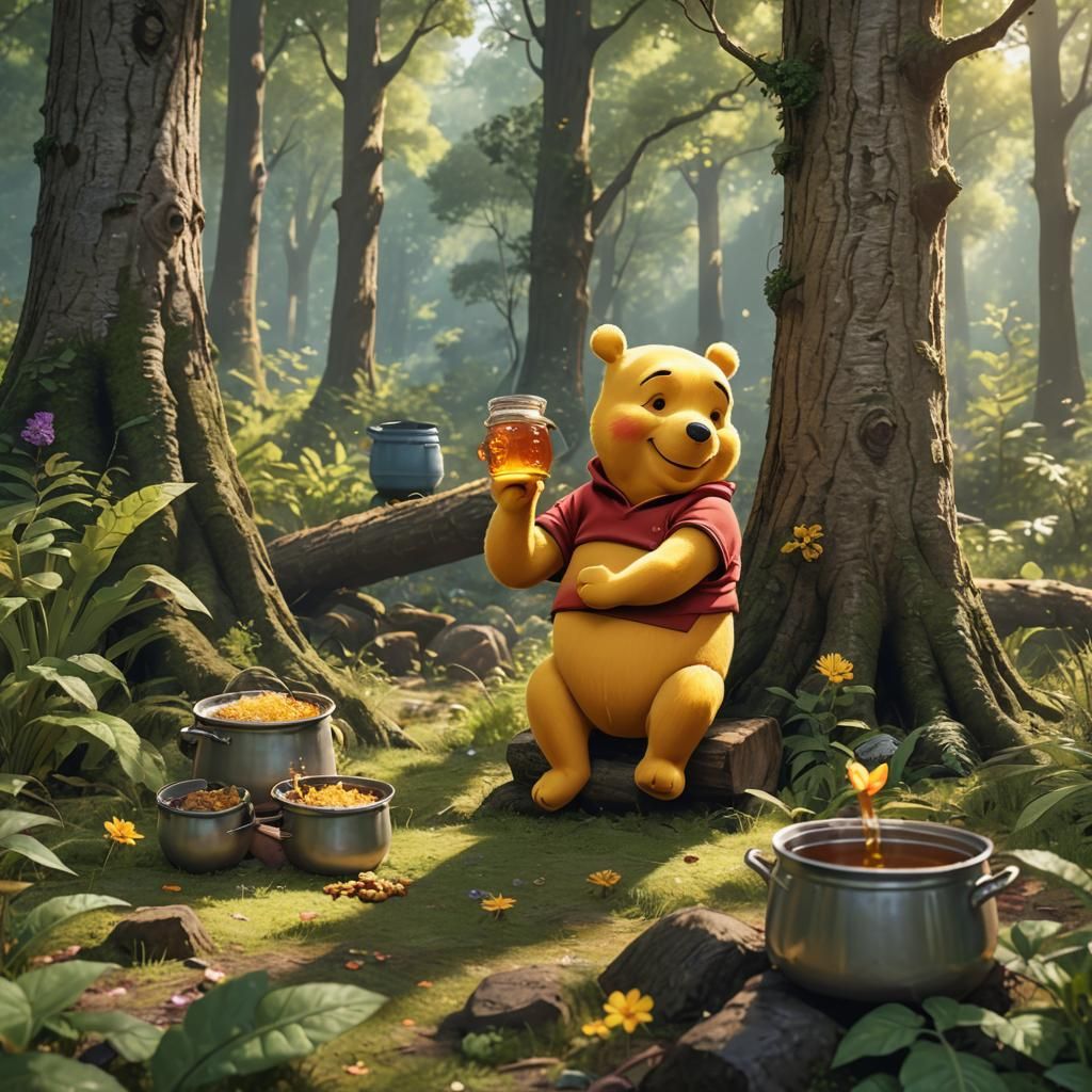 Portrait of a cute  Winnie the Pooh in the forest while eati...
