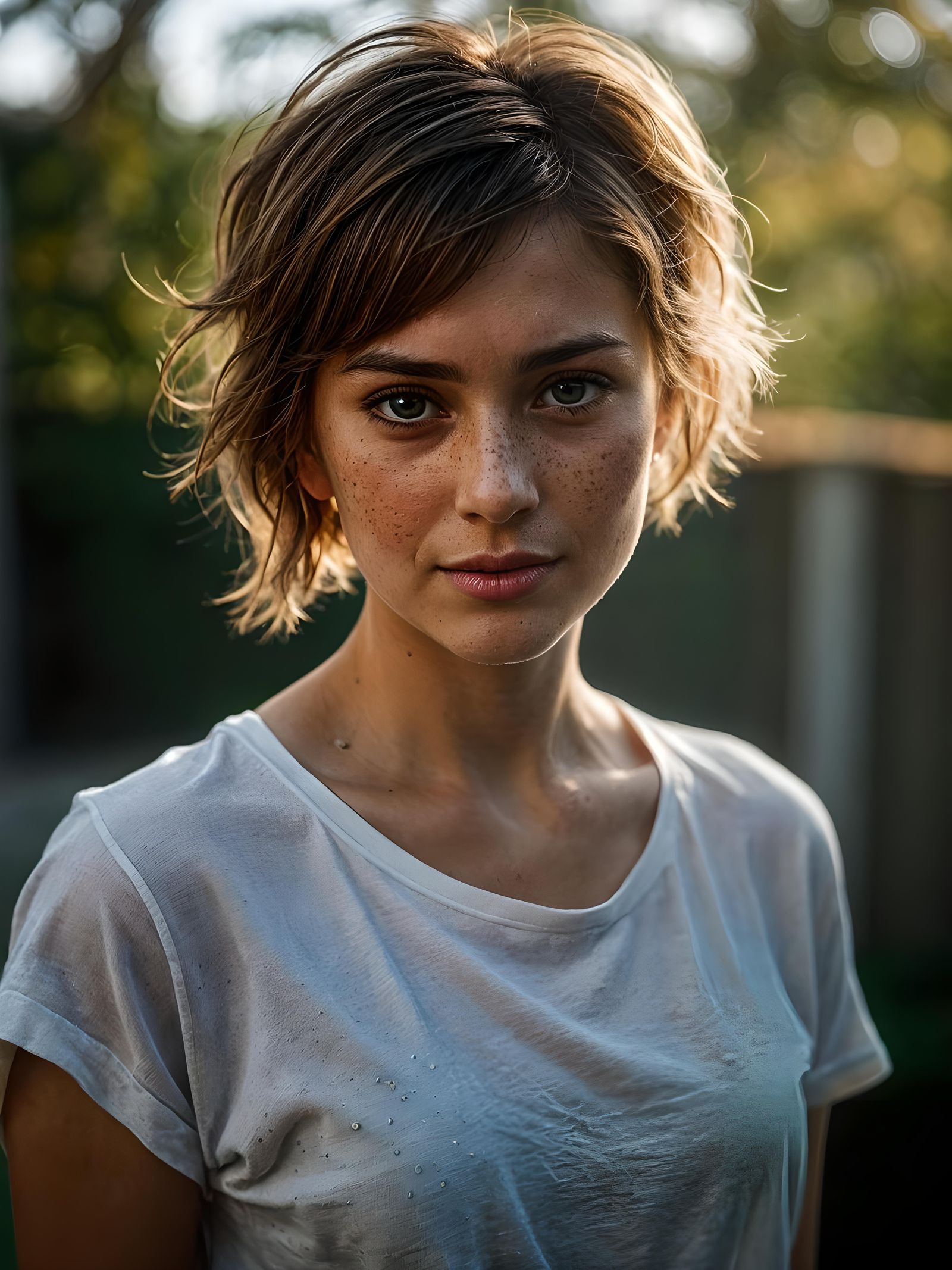 Realistic Portrait of Freckled Woman with Soft Lighting