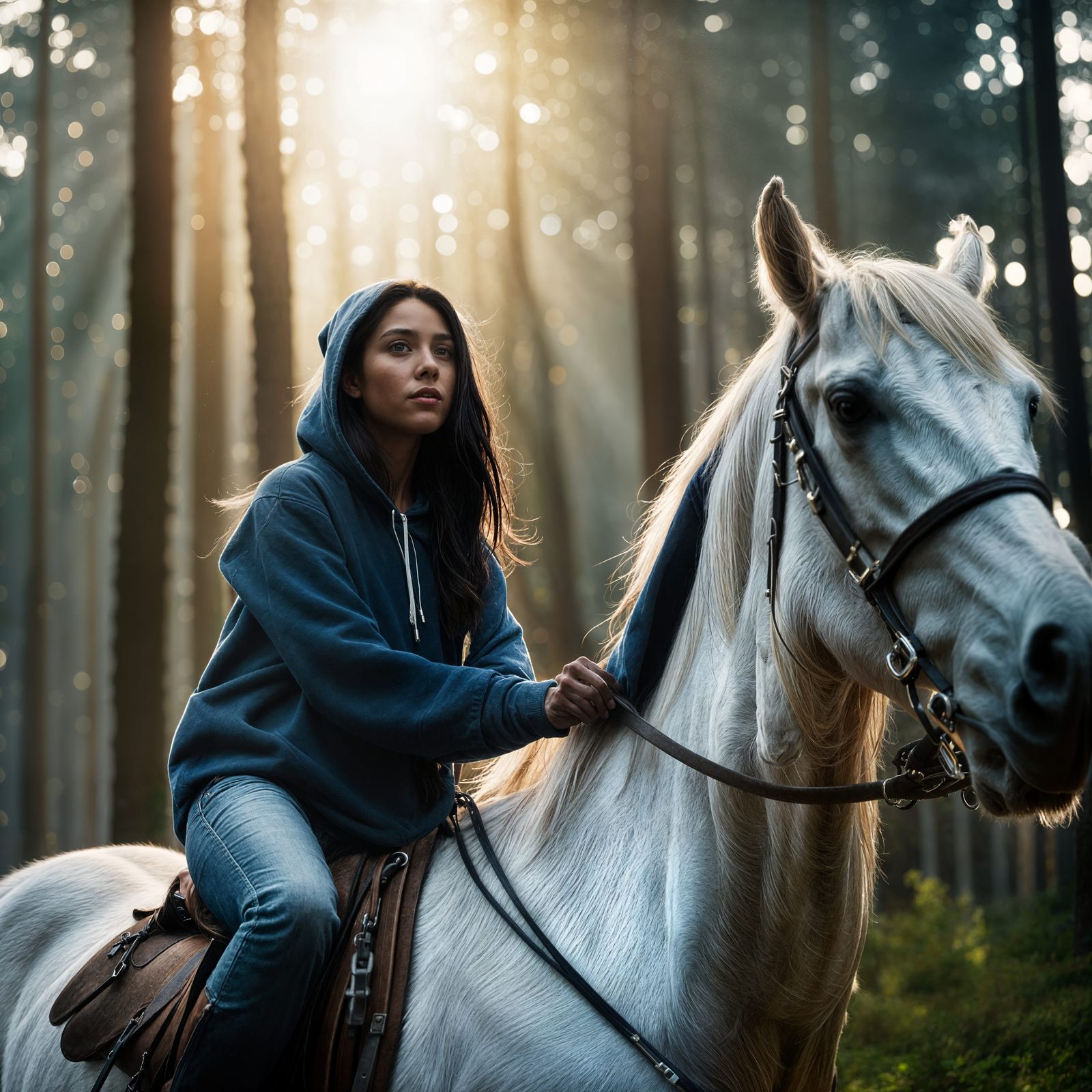 Girl Rides White Horse in Forest: Cinematic Film Still