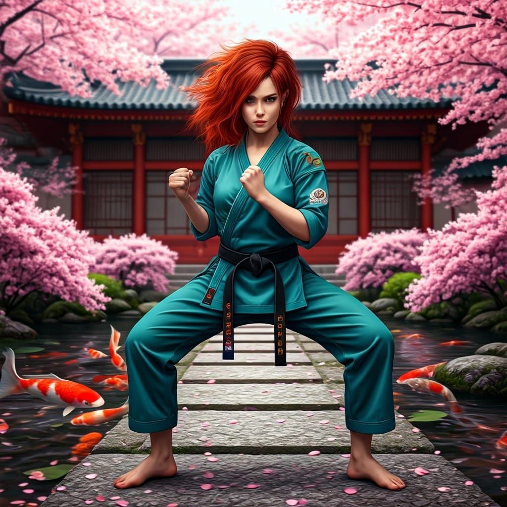 Red-Haired Martial Artist in Teal Gi, Karate Action