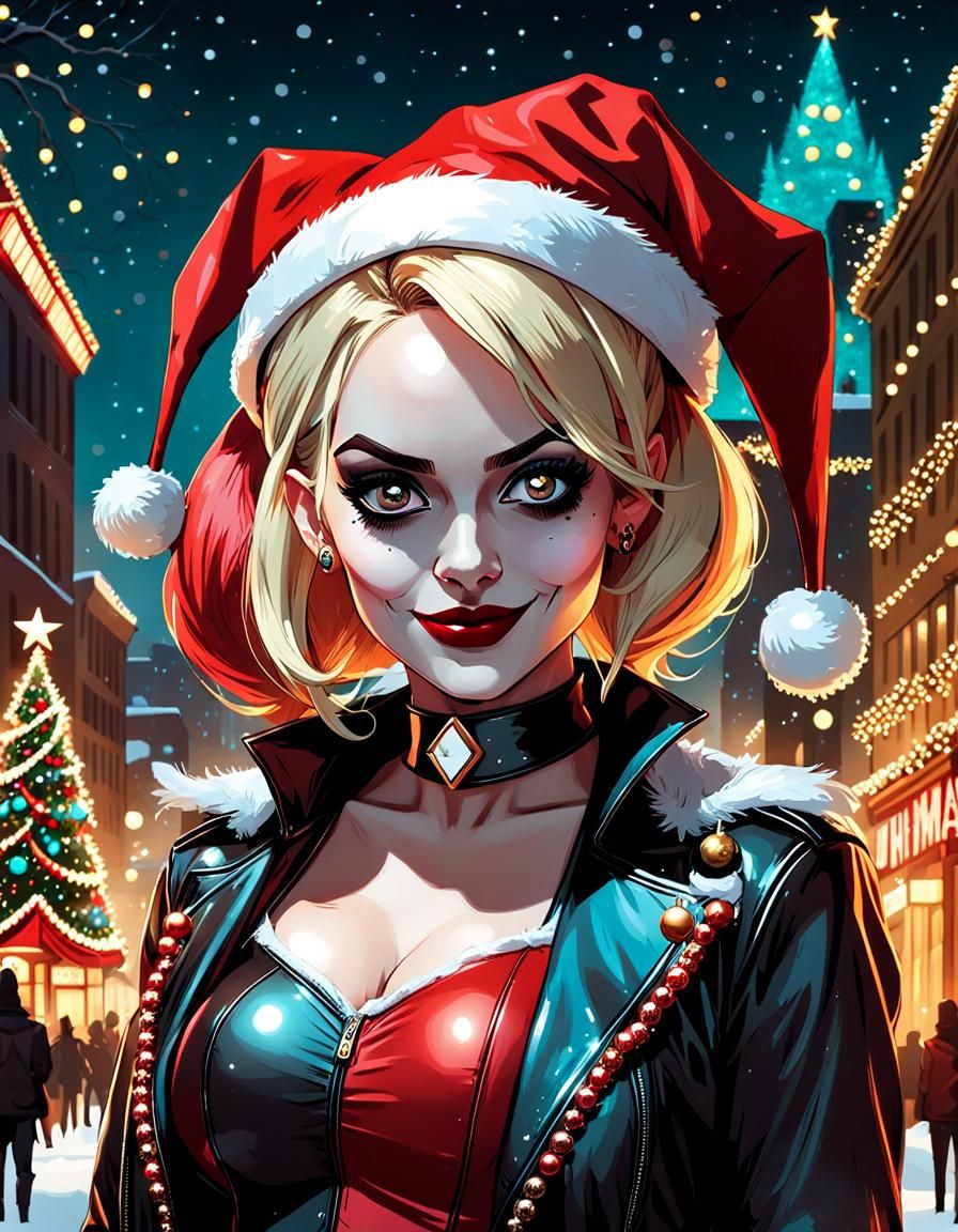 Harley Quinn Christmas Portrait in Comic Book Style
