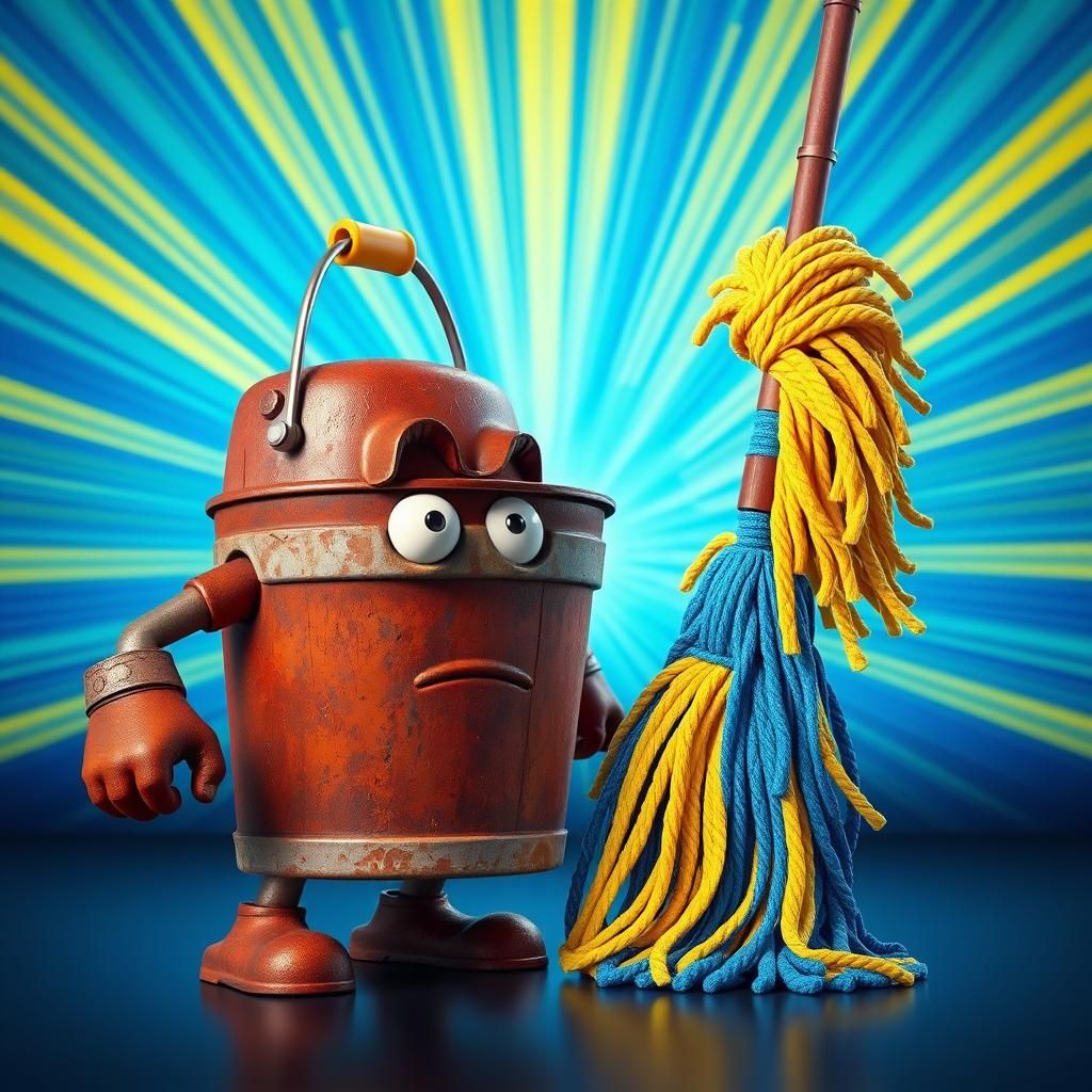 Anthropomorphic Bucket vs Mop: Pixar-Inspired Showdown