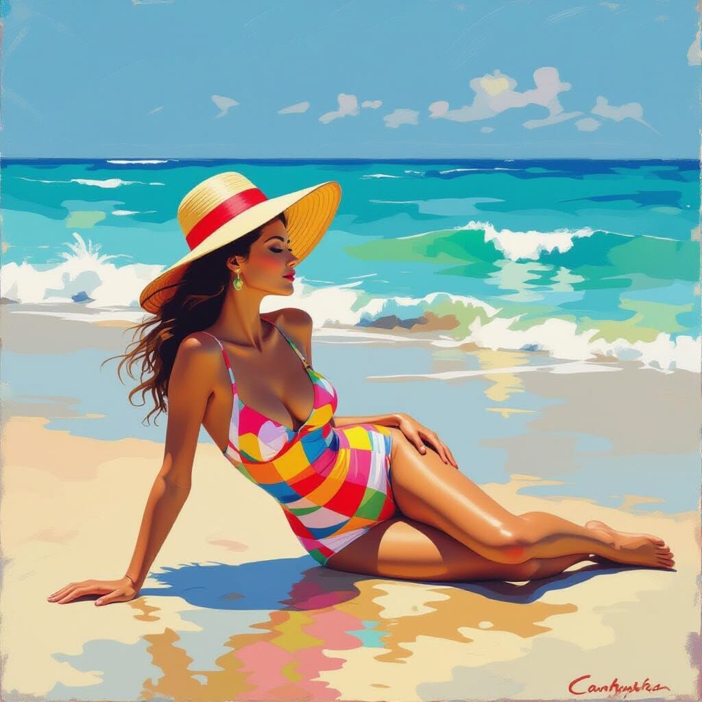 Woman Relaxing by the Ocean Shoreline