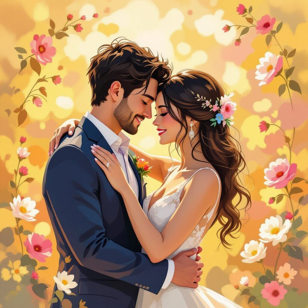 Embracing Couple in Golden Light, Pop Surrealism Style