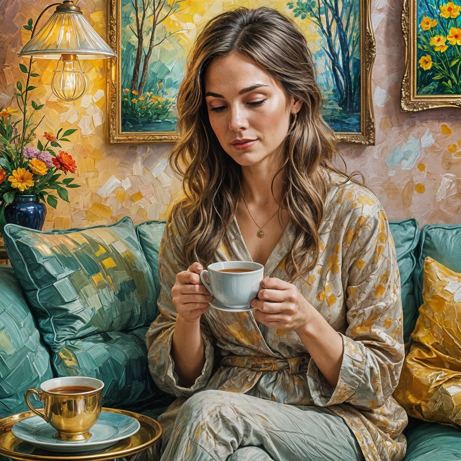 Woman Enjoys Tea in Cozy Corner, Impressionistic Style