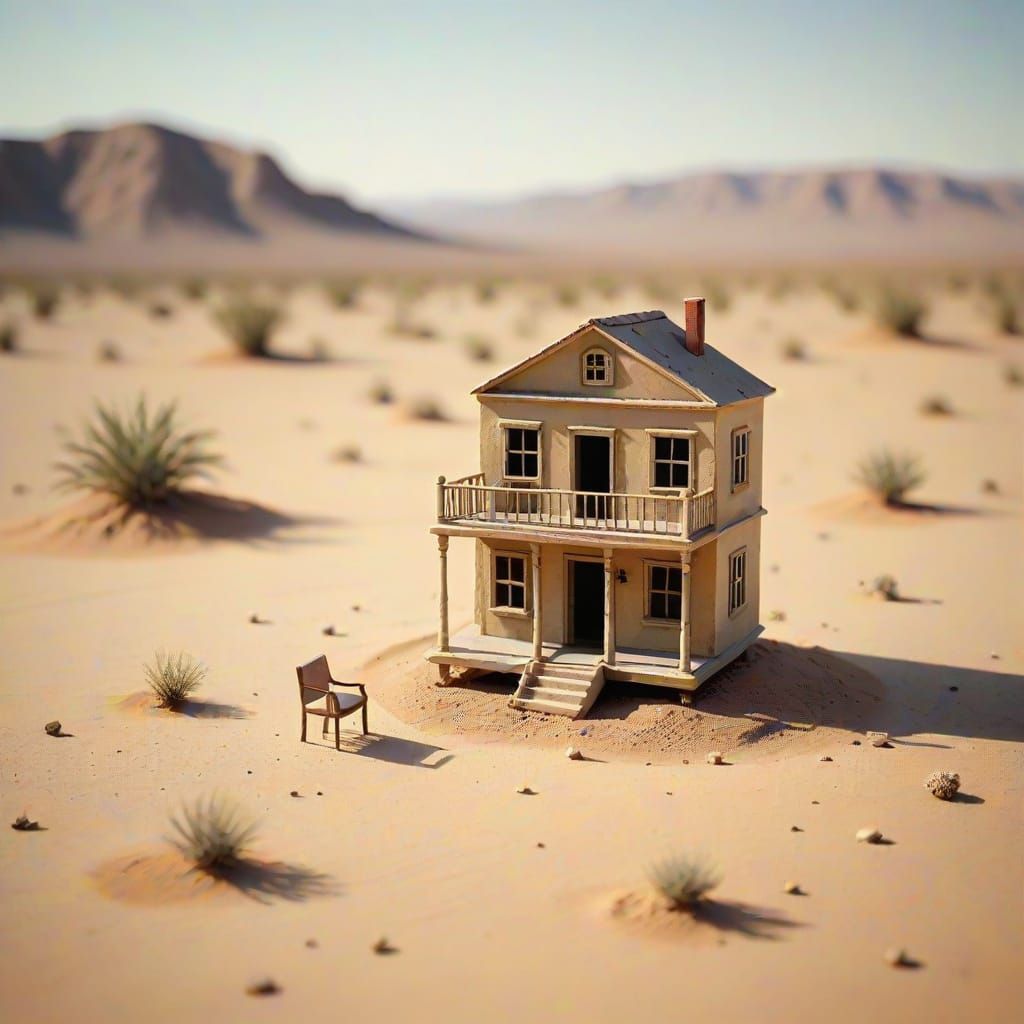 Surreal Miniature Dollhouse Lost in Vast Desert Oil Painting