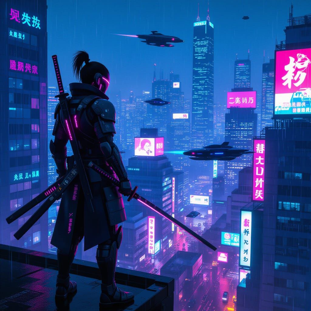 Cyberpunk Samurai Overlooking Neon Metropolis
