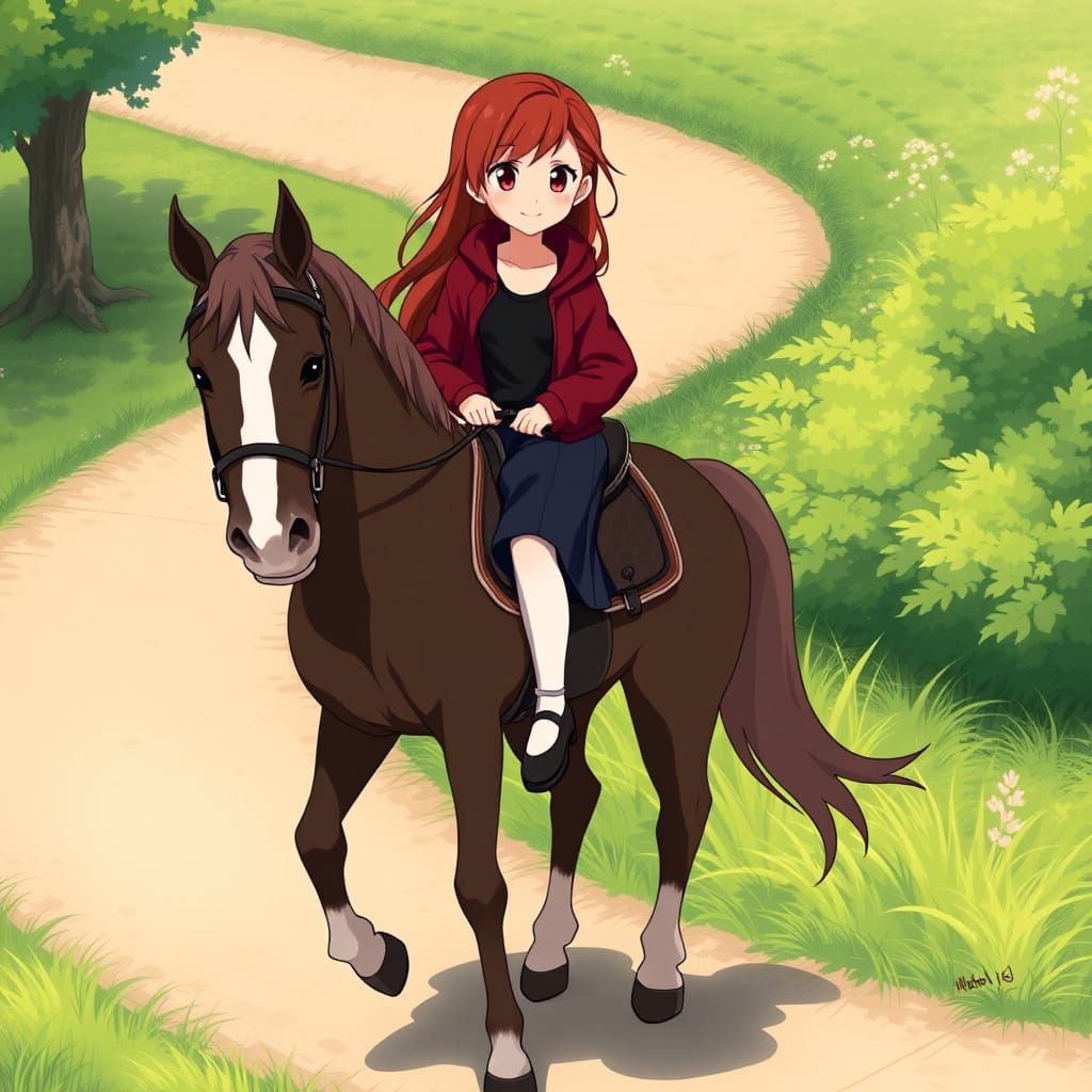 Young Girl Rides Elegant Dark Brown Horse Through Vibrant Co...