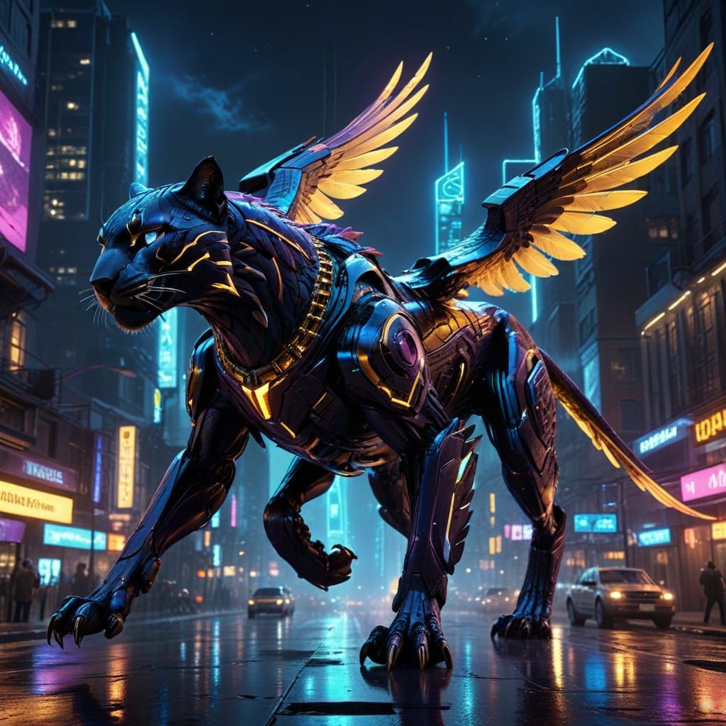 Futuristic Biomechanical Panther-Falcon Hybrid in Digital Ar...
